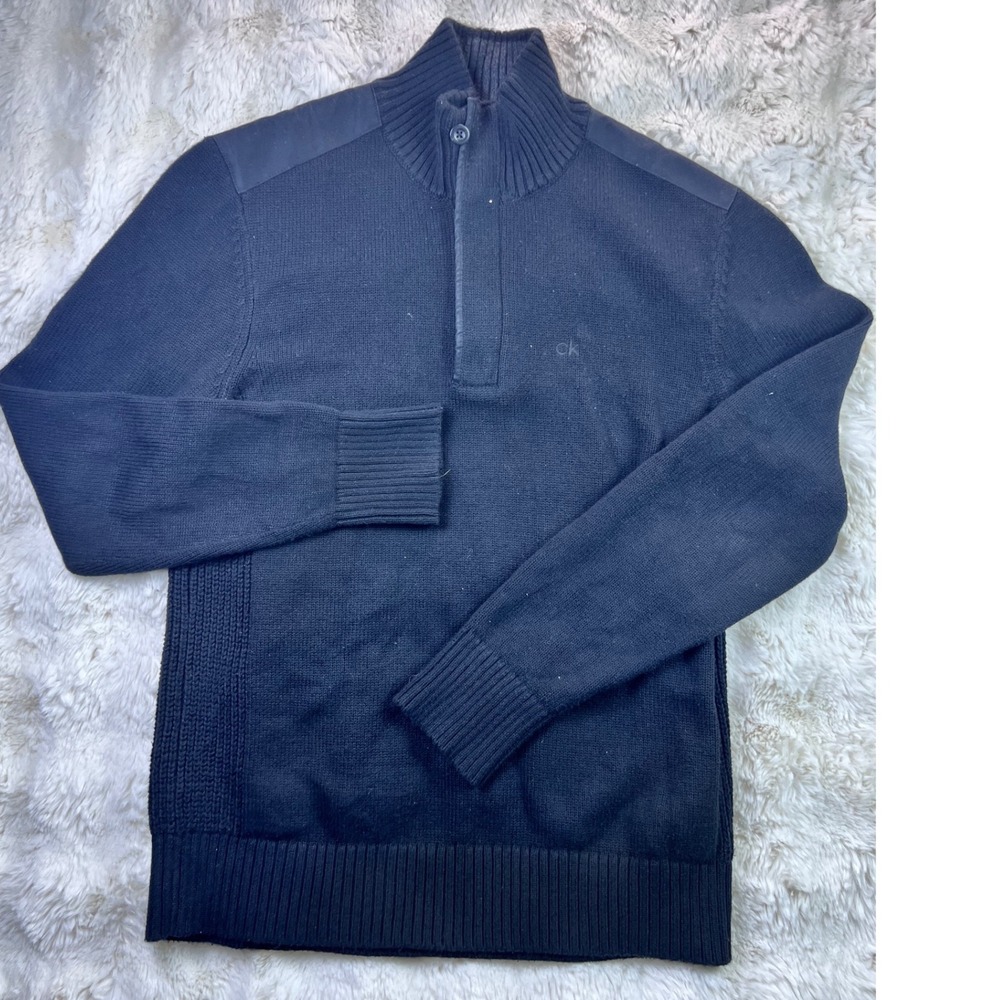 Calvin Klein Mens Navy Blue Quarter Zip Shoulder Patch Sweater Small. A39